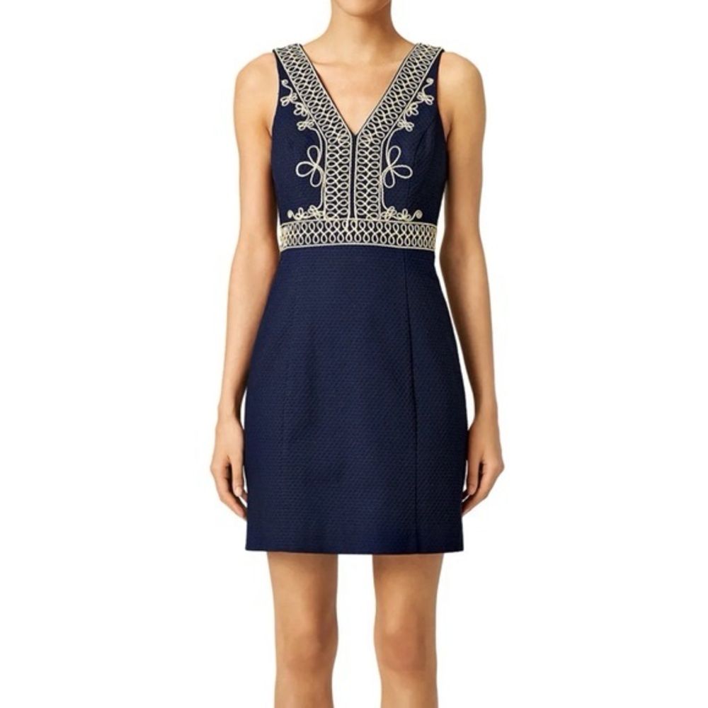 Lilly Pulitzer Aveline Shift in True Navy Gold Cording Dress Sz 4 Retail $228
